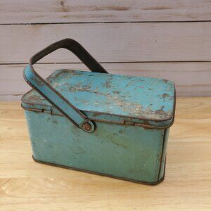 Tindeco Early 20th Century Teal Metal Basket Tin Handle Distressed Cottagecore